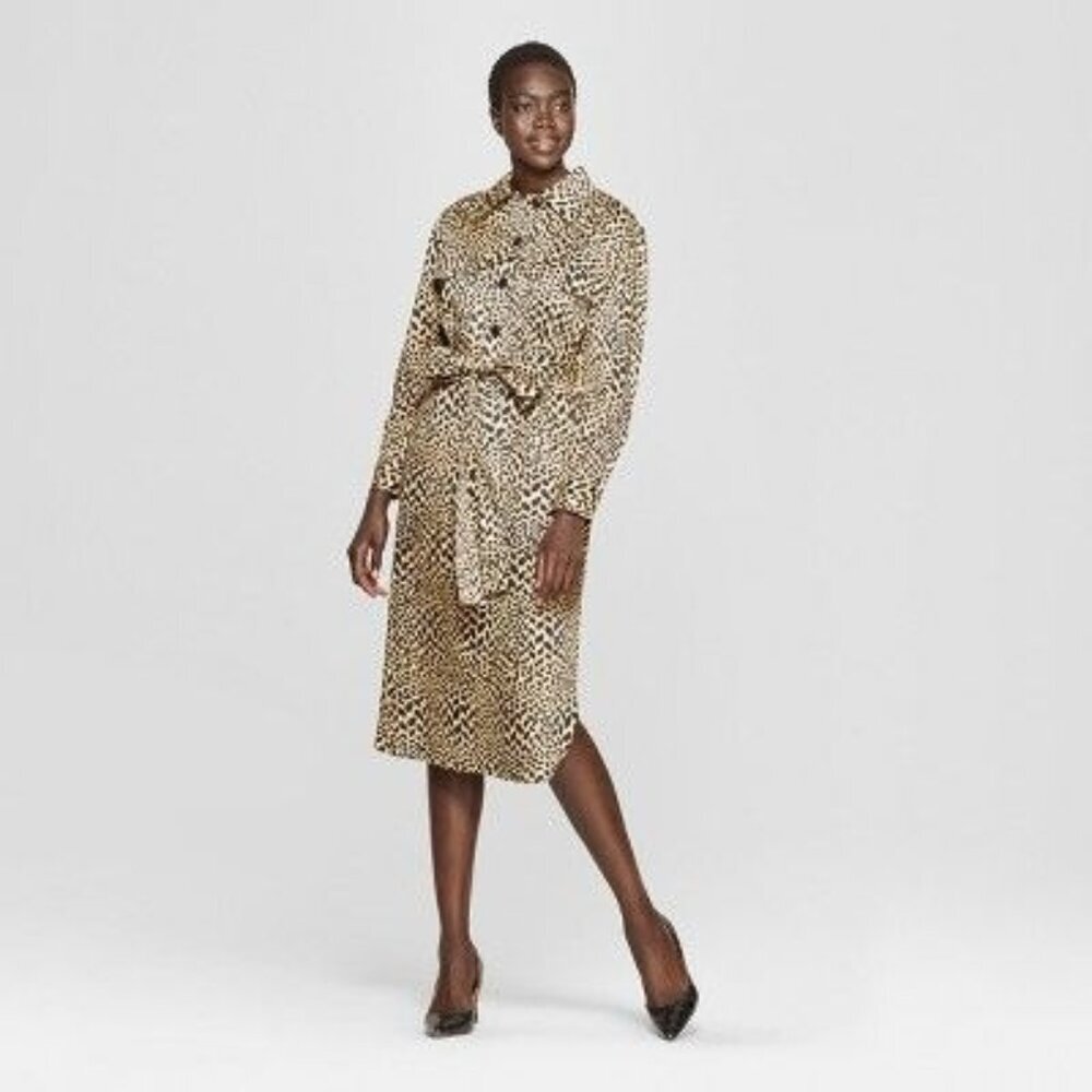 Who What Wear Leopard Print Self Tie Midi Shirtdress New